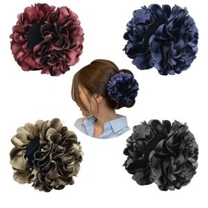Set of Four Satin Floral Hair Claw Clips Navy, Maroon, Brown & Black